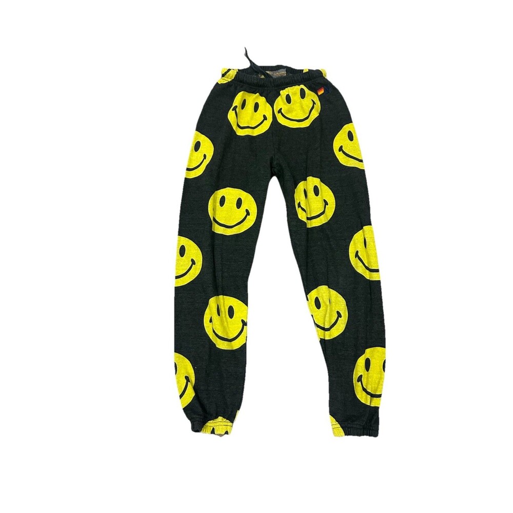 Aviator Nation Smiley Face Repeat Sweatpants Joggers Charcoal Yellow Rare XS GUC